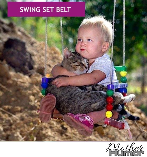 Baby on swing with cat