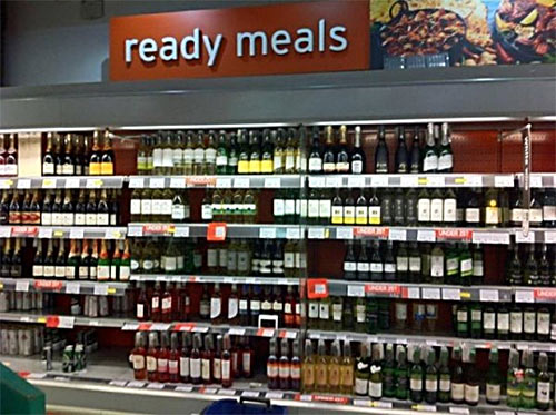 ready meals sign over liquor mother humor